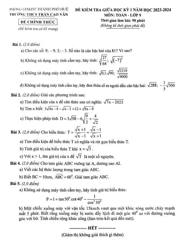 Đề thi giữa học kì 1 (HK1) lớp 9 môn Toán năm 2023 2024 trường THCS Trần Cao Vân TT Huế 8 de thi giua hoc ki 1 hk1 lop 9 mon toan nam 2023 2024 truong thcs tran cao van tt hue d