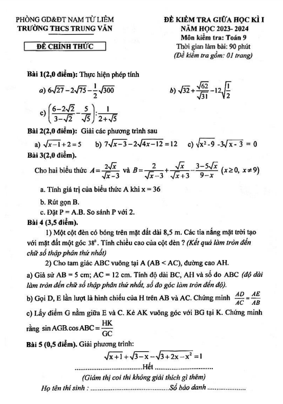 Đề thi giữa học kì 1 (HK1) lớp 9 môn Toán năm 2023 2024 trường THCS Trung Văn Hà Nội 1 de thi giua hoc ki 1 hk1 lop 9 mon toan nam 2023 2024 truong thcs trung van ha noi d
