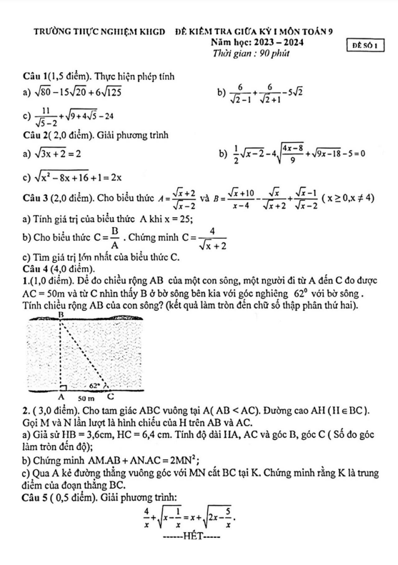 Đề thi giữa học kì 1 (HK1) lớp 9 môn Toán năm 2023 2024 trường Thực Nghiệm KHGD Hà Nội 2 de thi giua hoc ki 1 hk1 lop 9 mon toan nam 2023 2024 truong thuc nghiem khgd ha noi d
