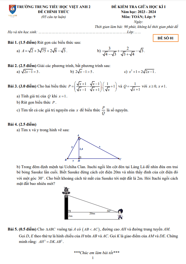 de thi giua hoc ki 1 hk1 lop 9 mon toan nam 2023 2024 truong viet anh 2 binh duong d