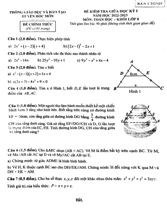 Đề thi giữa học kì 1 (HK1) Toán 8 năm 2022 2023 phòng GD ĐT Hóc Môn TP HCM 5 de thi giua hoc ki 1 hk1 toan 8 nam 2022 2023 phong gd dt hoc mon tp hcm d