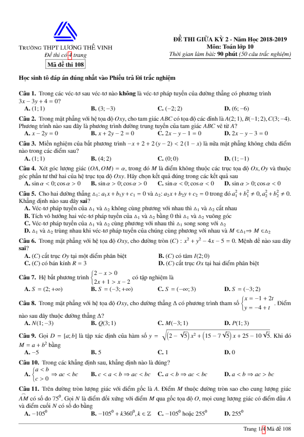 Đề thi giữa học kì 2 (HK2) lớp 10 môn Toán năm 2018 – 2019 trường Lương Thế Vinh – Hà Nội 10 de thi giua hoc ki 2 hk2 lop 10 mon toan nam 2018 e28093 2019 truong luong the vinh e28093 ha noi d