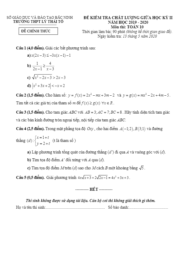 de thi giua hoc ki 2 hk2 lop 10 mon toan nam 2019 2020 truong thpt ly thai to bac ninh d