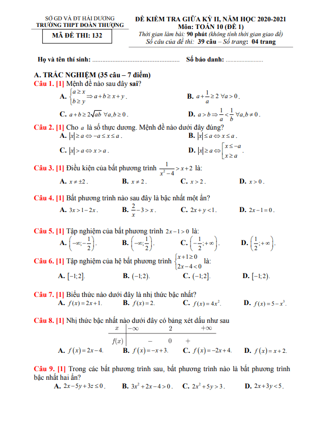Đề thi giữa học kì 2 (HK2) lớp 10 môn Toán năm 2020 2021 trường Đoàn Thượng Hải Dương 2 de thi giua hoc ki 2 hk2 lop 10 mon toan nam 2020 2021 truong doan thuong hai duong d