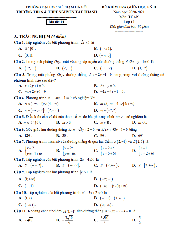 de thi giua hoc ki 2 hk2 lop 10 mon toan nam 2020 2021 truong nguyen tat thanh ha noi d