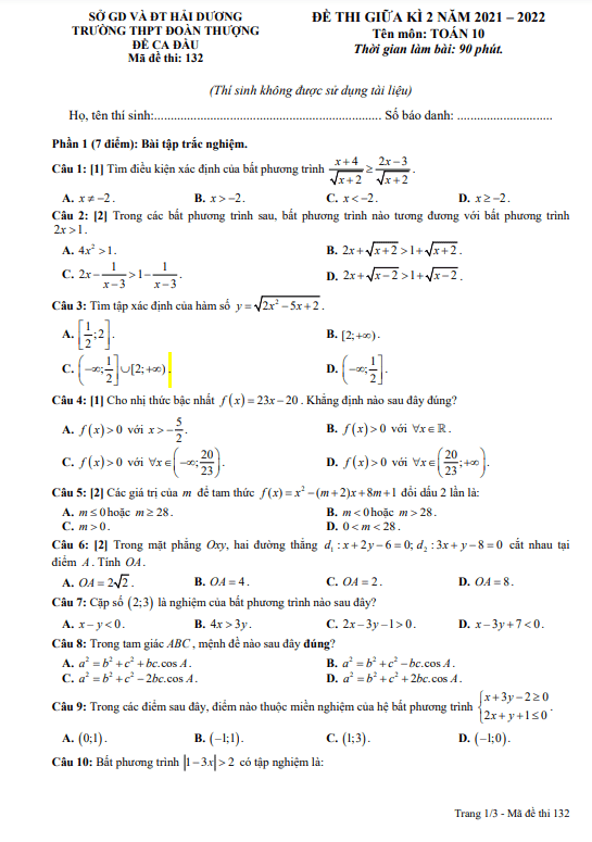 de thi giua hoc ki 2 hk2 lop 10 mon toan nam 2021 2022 truong thpt doan thuong hai duong d