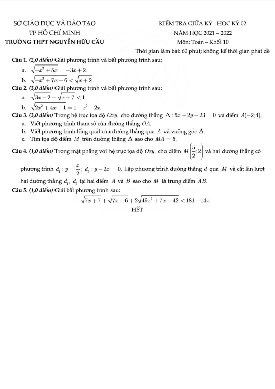 de thi giua hoc ki 2 hk2 lop 10 mon toan nam 2021 2022 truong thpt nguyen huu cau tp hcm d