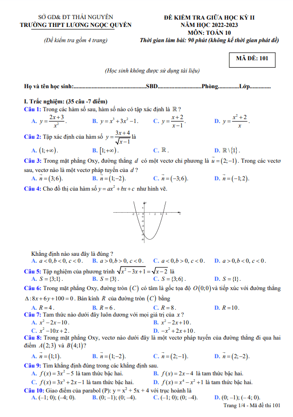Đề thi giữa học kì 2 (HK2) lớp 10 môn Toán năm 2022 2023 THPT Lương Ngọc Quyến Thái Nguyên 6 de thi giua hoc ki 2 hk2 lop 10 mon toan nam 2022 2023 thpt luong ngoc quyen thai nguyen d