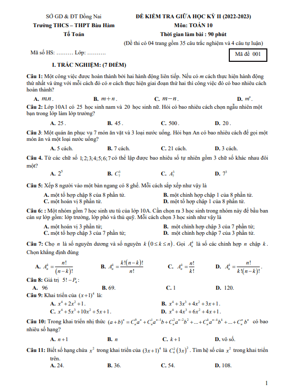 Đề thi giữa học kì 2 (HK2) lớp 10 môn Toán năm 2022 2023 trường THCS THPT Bàu Hàm Đồng Nai 2 de thi giua hoc ki 2 hk2 lop 10 mon toan nam 2022 2023 truong thcs thpt bau ham dong nai d