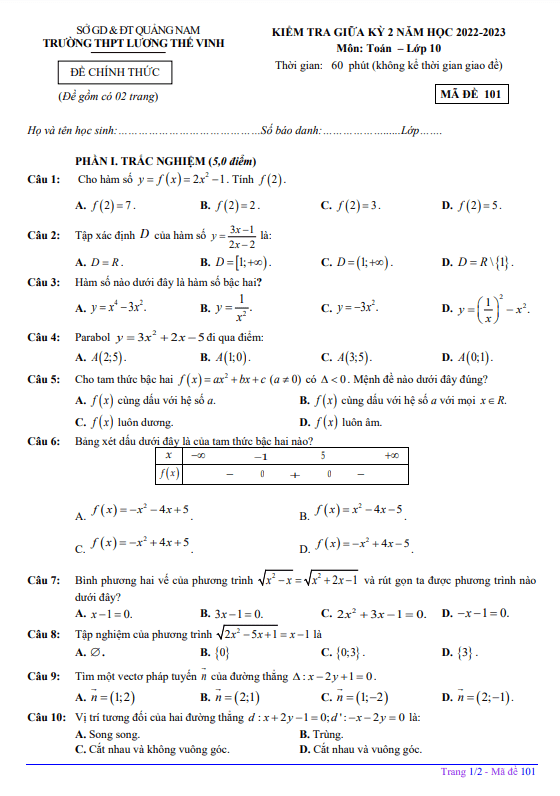 de thi giua hoc ki 2 hk2 lop 10 mon toan nam 2022 2023 truong thpt luong the vinh quang nam d