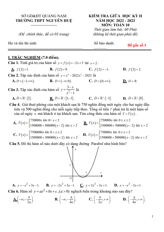 de thi giua hoc ki 2 hk2 lop 10 mon toan nam 2022 2023 truong thpt nguyen hue quang nam d