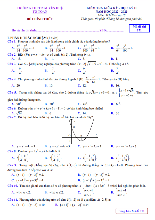 de thi giua hoc ki 2 hk2 lop 10 mon toan nam 2022 2023 truong thpt nguyen hue tt hue d
