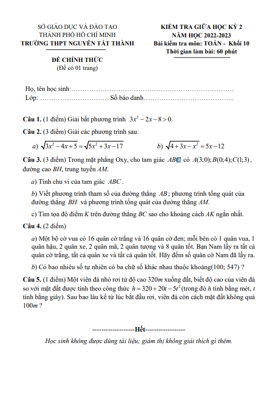 Đề thi giữa học kì 2 (HK2) lớp 10 môn Toán năm 2022 2023 trường THPT Nguyễn Tất Thành TP HCM 2 de thi giua hoc ki 2 hk2 lop 10 mon toan nam 2022 2023 truong thpt nguyen tat thanh tp hcm d