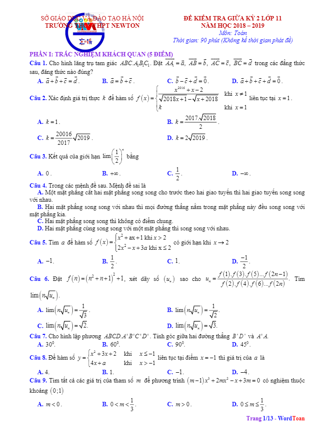 Đề thi giữa học kì 2 (HK2) lớp 11 môn Toán năm 2018 2019 trường Newton Hà Nội 7 de thi giua hoc ki 2 hk2 lop 11 mon toan nam 2018 2019 truong newton ha noi d