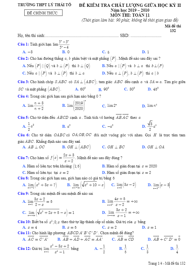 de thi giua hoc ki 2 hk2 lop 11 mon toan nam 2019 2020 truong thpt ly thai to bac ninh d