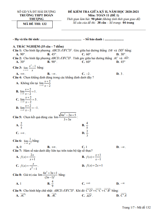 Đề thi giữa học kì 2 (HK2) lớp 11 môn Toán năm 2020 2021 trường Đoàn Thượng Hải Dương 3 de thi giua hoc ki 2 hk2 lop 11 mon toan nam 2020 2021 truong doan thuong hai duong d