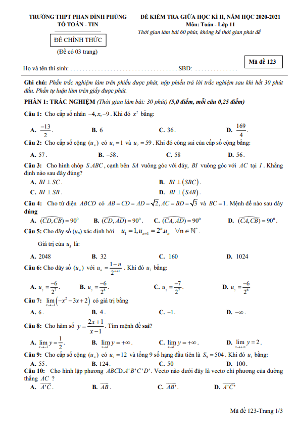de thi giua hoc ki 2 hk2 lop 11 mon toan nam 2020 2021 truong phan dinh phung ha noi d