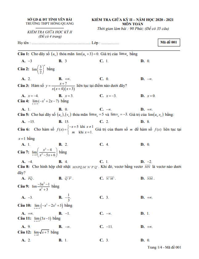 de thi giua hoc ki 2 hk2 lop 11 mon toan nam 2020 2021 truong thpt hong quang yen bai d