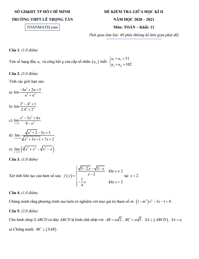 de thi giua hoc ki 2 hk2 lop 11 mon toan nam 2020 2021 truong thpt le trong tan tp hcm d