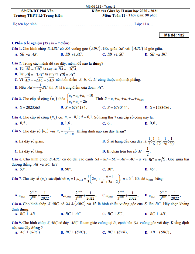 Đề thi giữa học kì 2 (HK2) lớp 11 môn Toán năm 2020 2021 trường THPT Lê Trung Kiên Phú Yên 6 de thi giua hoc ki 2 hk2 lop 11 mon toan nam 2020 2021 truong thpt le trung kien phu yen d