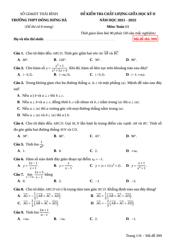 Đề thi giữa học kì 2 (HK2) lớp 11 môn Toán năm 2021 2022 trường THPT Đông Hưng Hà Thái Bình 5 de thi giua hoc ki 2 hk2 lop 11 mon toan nam 2021 2022 truong thpt dong hung ha thai binh d