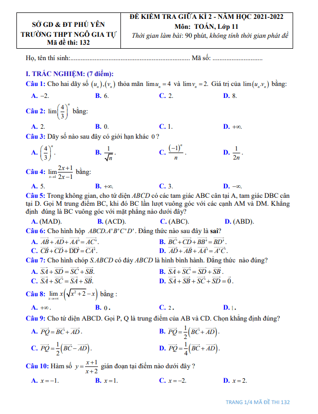 de thi giua hoc ki 2 hk2 lop 11 mon toan nam 2021 2022 truong thpt ngo gia tu phu yen d