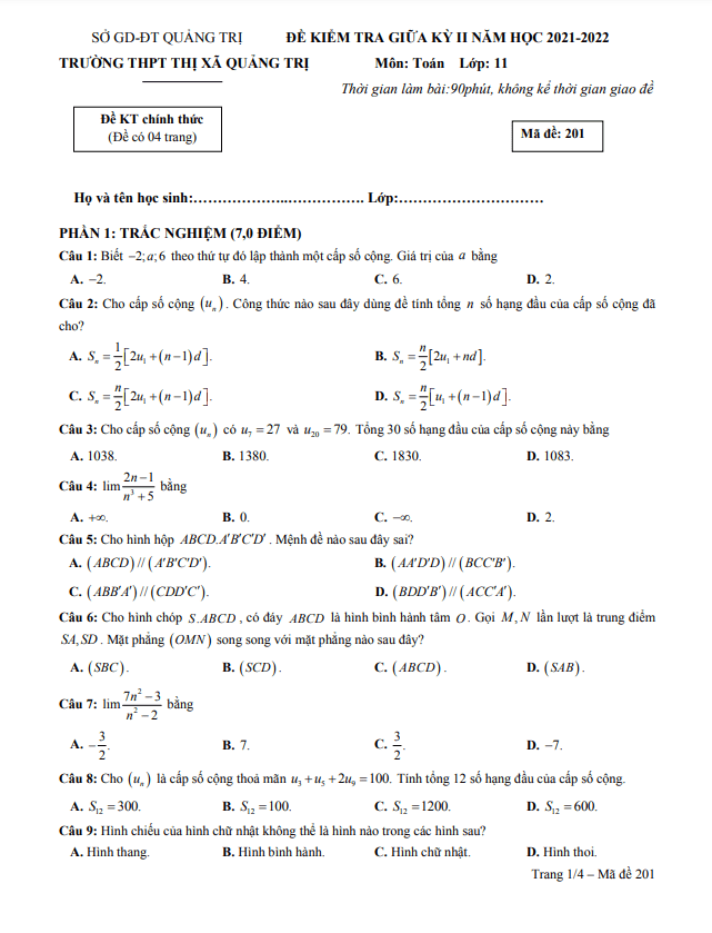 de thi giua hoc ki 2 hk2 lop 11 mon toan nam 2021 2022 truong thpt thi xa quang tri d