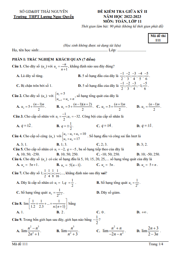 de thi giua hoc ki 2 hk2 lop 11 mon toan nam 2022 2023 thpt luong ngoc quyen thai nguyen d