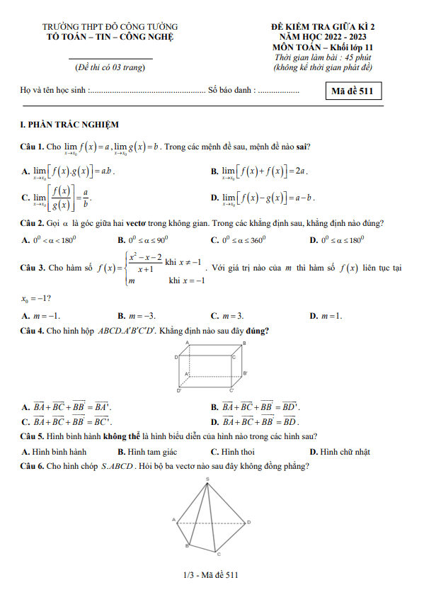 de thi giua hoc ki 2 hk2 lop 11 mon toan nam 2022 2023 truong thpt do cong tuong dong thap d