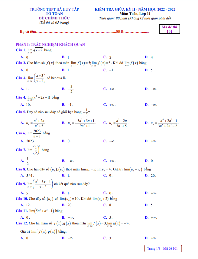 de thi giua hoc ki 2 hk2 lop 11 mon toan nam 2022 2023 truong thpt ha huy tap nghe an d