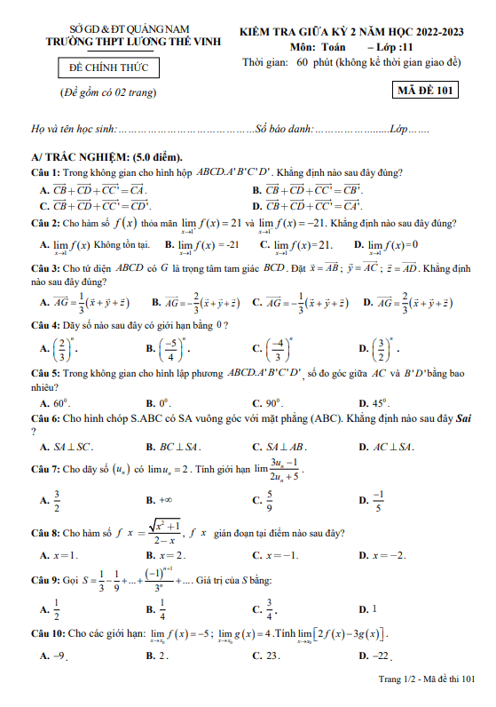 de thi giua hoc ki 2 hk2 lop 11 mon toan nam 2022 2023 truong thpt luong the vinh quang nam d
