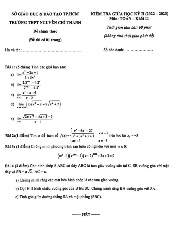 Đề thi giữa học kì 2 (HK2) lớp 11 môn Toán năm 2022 2023 trường THPT Nguyễn Chí Thanh TP HCM 3 de thi giua hoc ki 2 hk2 lop 11 mon toan nam 2022 2023 truong thpt nguyen chi thanh tp hcm d