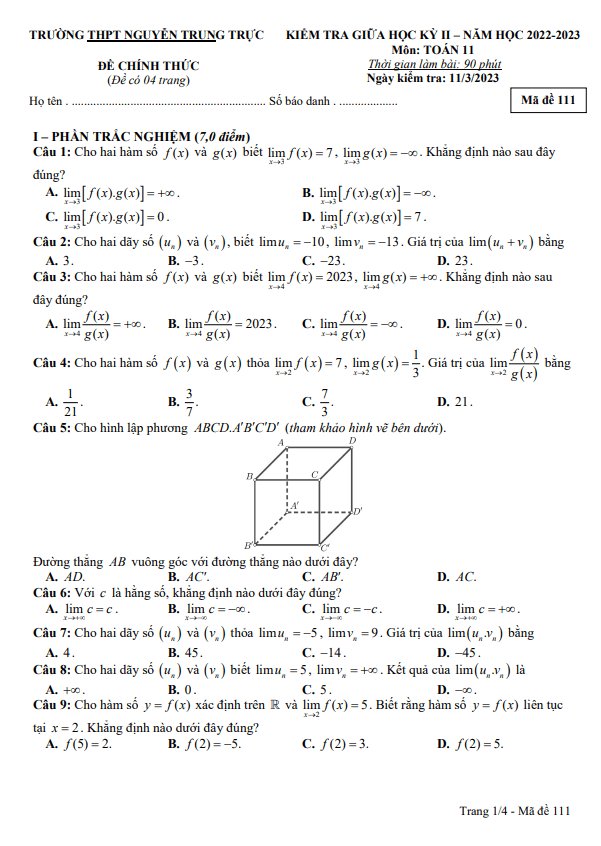 de thi giua hoc ki 2 hk2 lop 11 mon toan nam 2022 2023 truong thpt nguyen trung truc kien giang d