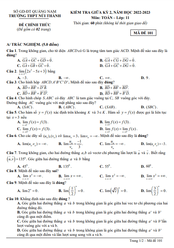 de thi giua hoc ki 2 hk2 lop 11 mon toan nam 2022 2023 truong thpt nui thanh quang nam d