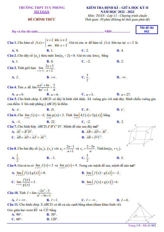 Đề thi giữa học kì 2 (HK2) lớp 11 môn Toán năm 2022 2023 trường THPT Tuy Phong Bình Thuận 2 de thi giua hoc ki 2 hk2 lop 11 mon toan nam 2022 2023 truong thpt tuy phong binh thuan d