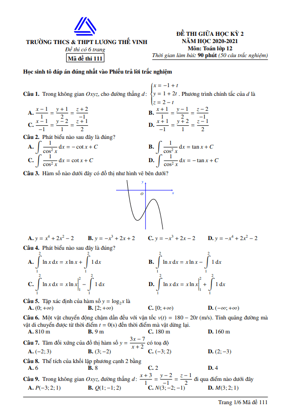 de thi giua hoc ki 2 hk2 lop 12 mon toan nam 2020 2021 truong luong the vinh ha noi d
