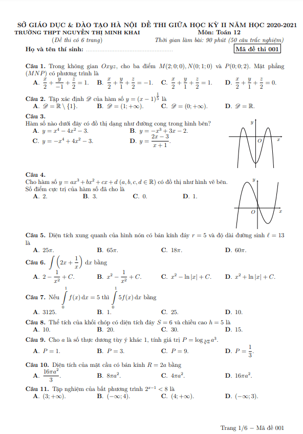 de thi giua hoc ki 2 hk2 lop 12 mon toan nam 2020 2021 truong nguyen thi minh khai ha noi d