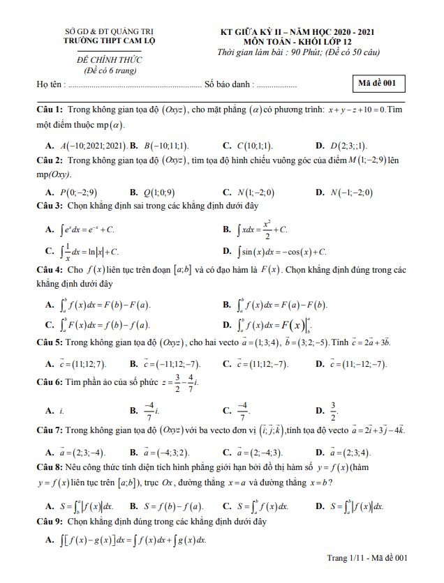 de thi giua hoc ki 2 hk2 lop 12 mon toan nam 2020 2021 truong thpt cam lo quang tri d