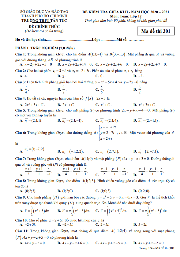 de thi giua hoc ki 2 hk2 lop 12 mon toan nam 2020 2021 truong thpt tan tuc tp hcm d