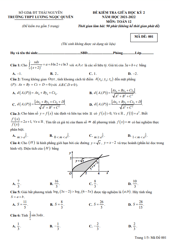 Đề thi giữa học kì 2 (HK2) lớp 12 môn Toán năm 2021 2022 trường Lương Ngọc Quyến Thái Nguyên 8 de thi giua hoc ki 2 hk2 lop 12 mon toan nam 2021 2022 truong luong ngoc quyen thai nguyen d