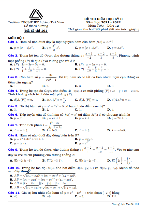 de thi giua hoc ki 2 hk2 lop 12 mon toan nam 2021 2022 truong luong the vinh ha noi d