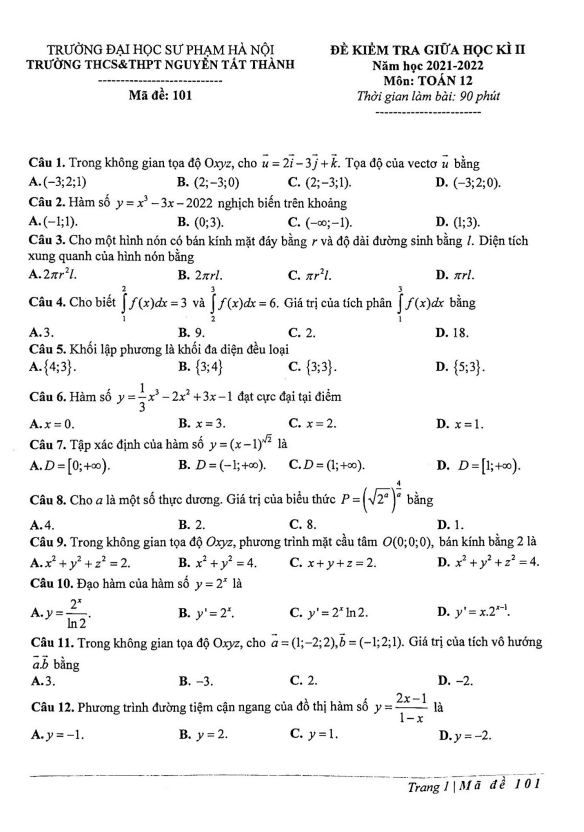 de thi giua hoc ki 2 hk2 lop 12 mon toan nam 2021 2022 truong nguyen tat thanh ha noi d
