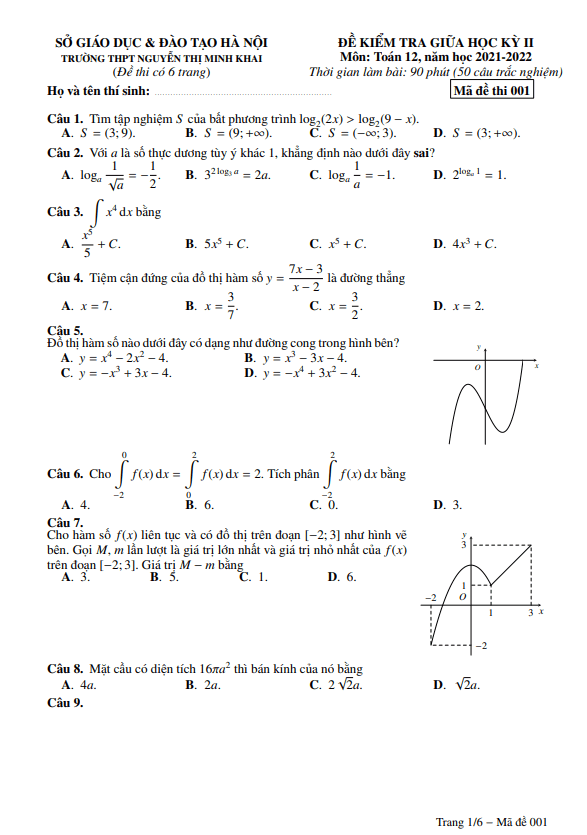 Đề thi giữa học kì 2 (HK2) lớp 12 môn Toán năm 2021 2022 trường Nguyễn Thị Minh Khai Hà Nội 4 de thi giua hoc ki 2 hk2 lop 12 mon toan nam 2021 2022 truong nguyen thi minh khai ha noi d