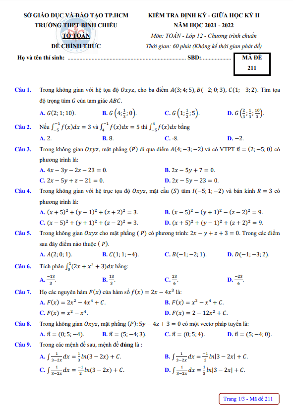 de thi giua hoc ki 2 hk2 lop 12 mon toan nam 2021 2022 truong thpt binh chieu tp hcm d