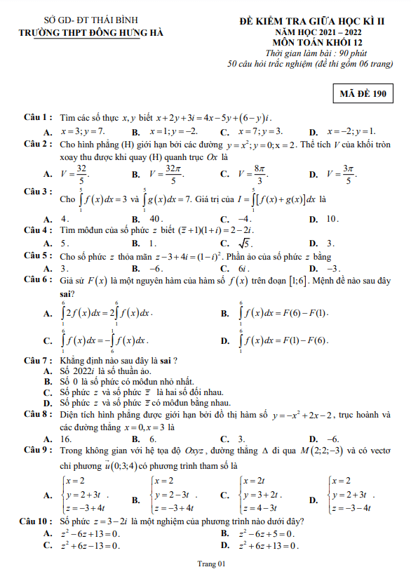 de thi giua hoc ki 2 hk2 lop 12 mon toan nam 2021 2022 truong thpt dong hung ha thai binh d