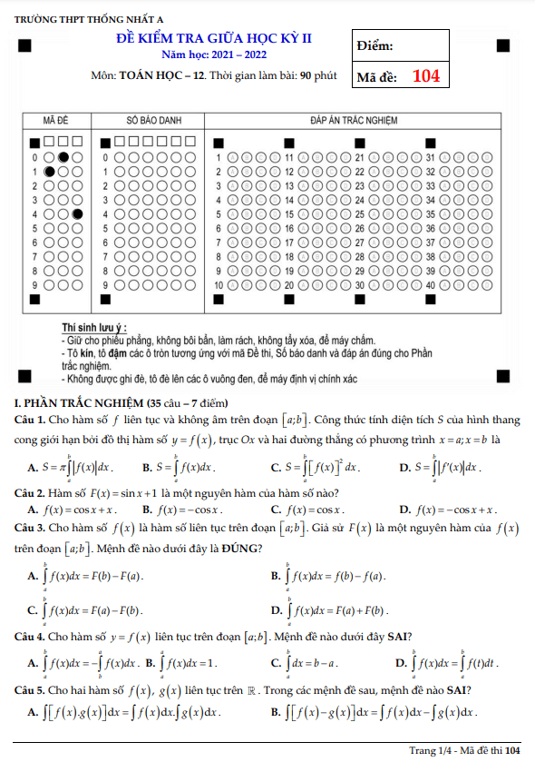 de thi giua hoc ki 2 hk2 lop 12 mon toan nam 2021 2022 truong thpt thong nhat a dong nai d
