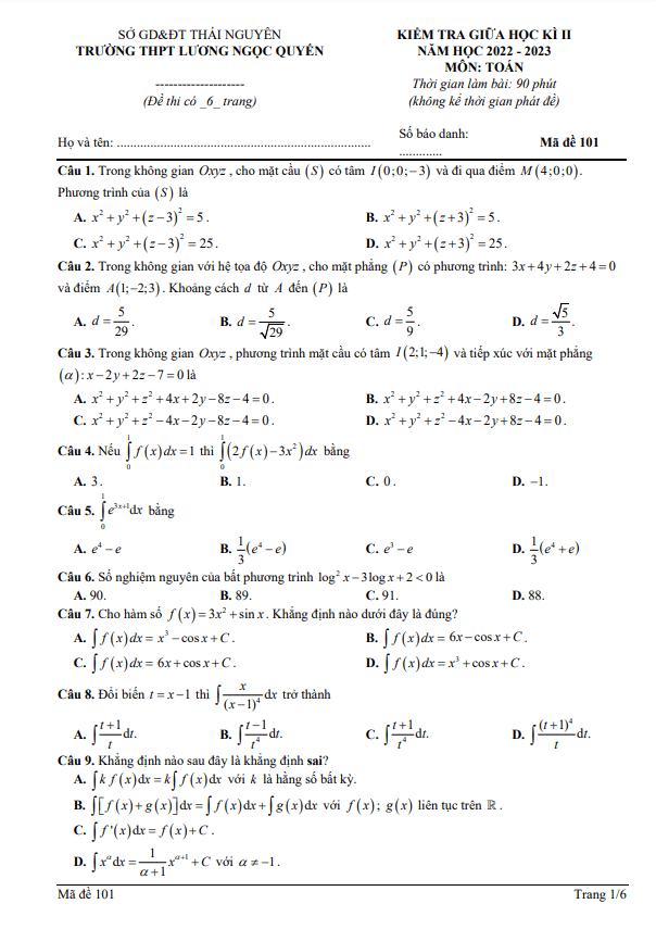 de thi giua hoc ki 2 hk2 lop 12 mon toan nam 2022 2023 thpt luong ngoc quyen thai nguyen d