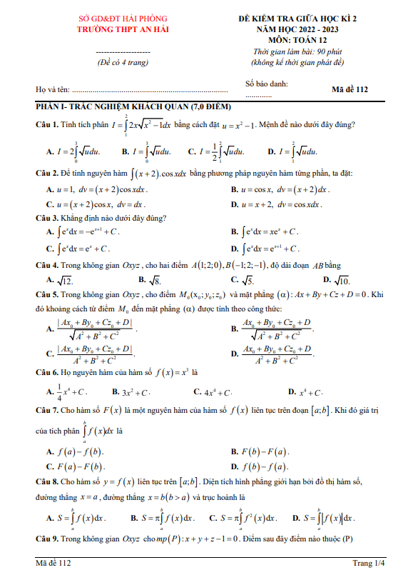 de thi giua hoc ki 2 hk2 lop 12 mon toan nam 2022 2023 truong thpt an hai hai phong d