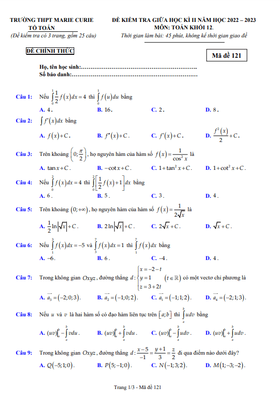 de thi giua hoc ki 2 hk2 lop 12 mon toan nam 2022 2023 truong thpt marie curie tp hcm d