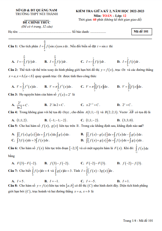 Đề thi giữa học kì 2 (HK2) lớp 12 môn Toán năm 2022 2023 trường THPT Núi Thành Quảng Nam 5 de thi giua hoc ki 2 hk2 lop 12 mon toan nam 2022 2023 truong thpt nui thanh quang nam d